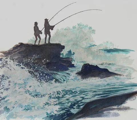 Brian Clinton, Surf and Rock Fishing, Water Color on Hot Press Illustration Board