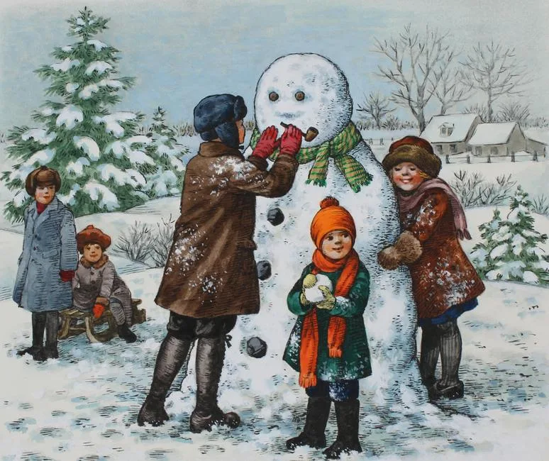 Faith Jaques, Children Building a Snowman, Water Color on Cold Press Illustration Board