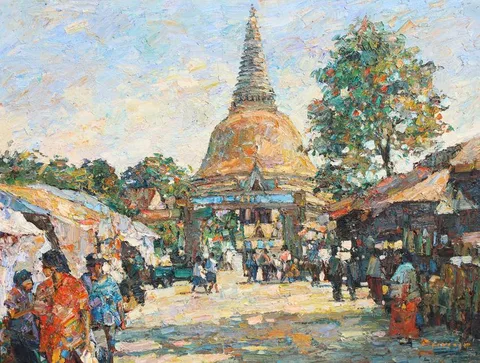 Busy City Temple by Patamares Livisit, Oil on Canvas, offered Dec 2022
