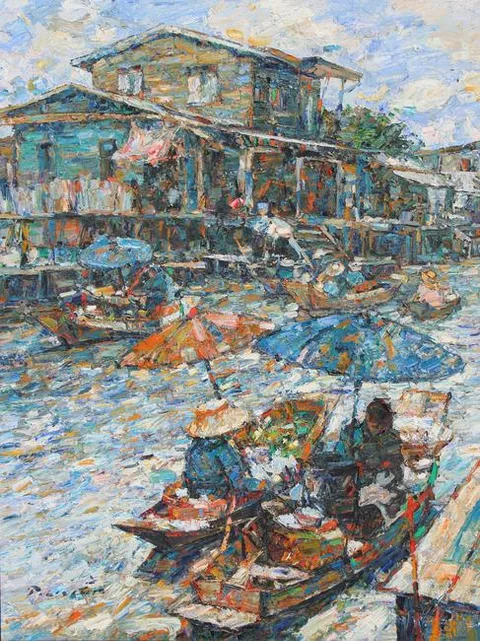 People Rowing Through Canal by Patamares Livisit, Oil on Canvas, sold Dec 2022
