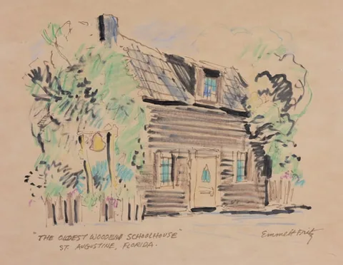 The Oldest Wooden Schoolhouse - St. Augustine, Florida by Emmett John Fritz, Marker on Paper, sold Jun 2024