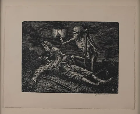 Albert Abramovitz, Skeleton over a Fallen Soldier, Wood Engraving
