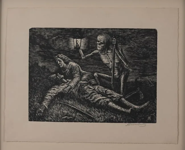 Skeleton over a Fallen Soldier by Albert Abramovitz, Wood Engraving, offered Jun 2025