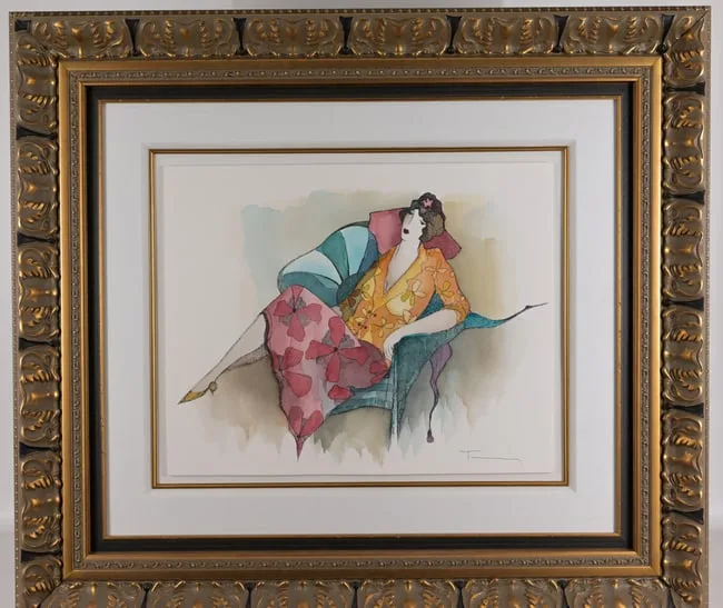 Patient Repose by Itzchak Tarkay, 2007, Mixed Media with Watercolor on Paper, sold Jan 2026