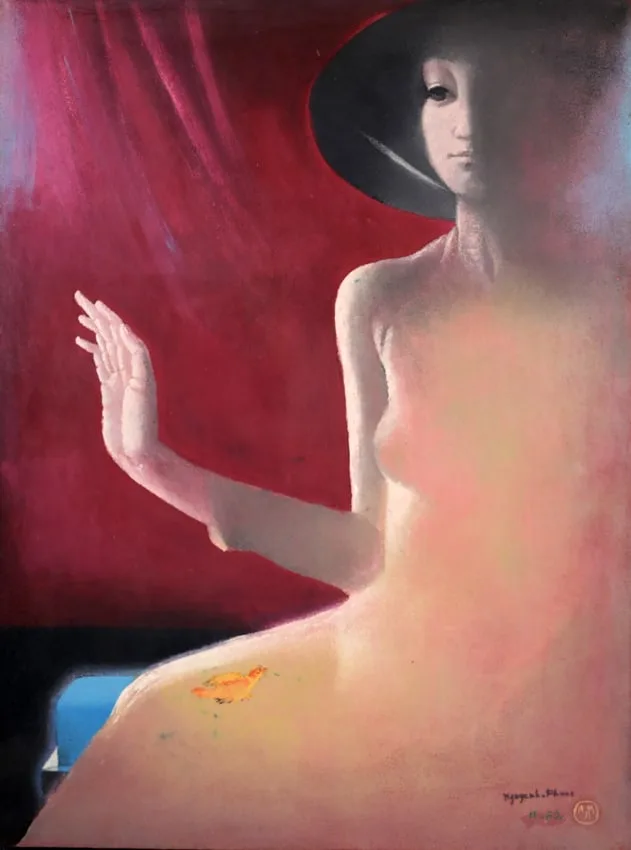 Nguyen Phuoc, Young Woman and Baby Bird, Lacquered