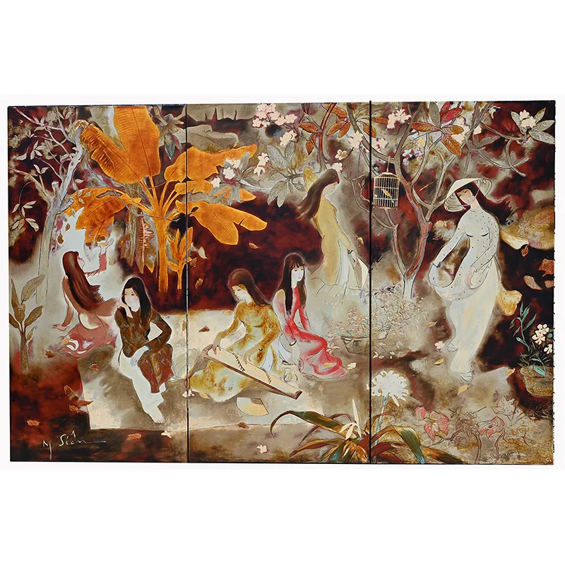 Nguyen Van Sien, Jeunes filles au jardin, Lacquer on Wood