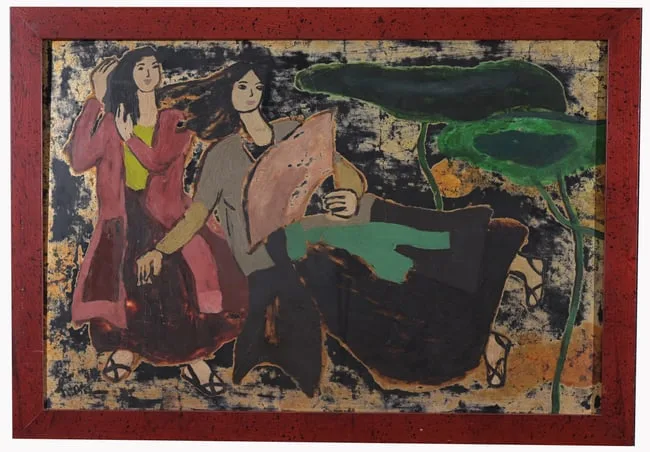 Bui Suoi Hoa, Two Young Women, Lacquer on Wood