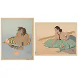 Paul Jacoulet, Femme Tatouée de Falalap, Ouest Carolines; Sur le Sable, Rhull, Yap (2 works) (Miles 26; 44), 1935; 1937