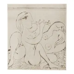 Dormeuse et flûtiste II (Baer 292, III.C) by Pablo Picasso, 1933, Etching and drypoint on Richard de Bas watermarked paper, Baer's 3rd (final) state (with the addition of the tapestry un, sold Sep 2025