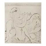 Pablo Picasso, Dormeuse et flûtiste II (Baer 292, III.C), 1933, Etching and drypoint on Richard de Bas watermarked paper, Baer's 3rd (final) state (with the addition of the tapestry under the nudes)
