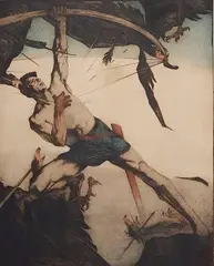 Maurice Langaskens, - ''Le Combat''-, drypoint in colors, ca. 1920