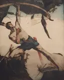 Maurice Langaskens, - ''Le Combat''-, drypoint in colors, ca. 1920