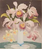 Victor Pirkhoff, - Pink Flowers in a Footed Vase-, woodcut in colors, ca. 1930