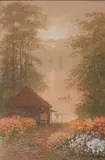 G. Yokouchi, - Landscape with Figures on Lake-, watercolor on paper