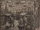 Albert Abramovitz, - ''Construction Work - Moscow''- wood, engraving