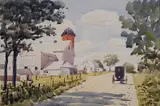 Martin Linsey, - ''Amish Buggy on The Windsor-Burton Road''-, watercolor on paper, 1981