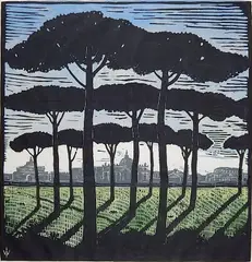 Isabella Walker, - ''Pines of Roma''-, linocut in color, ca. 1965