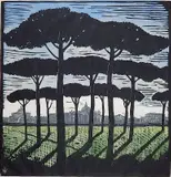 Isabella Walker, - ''Pines of Roma''-, linocut in color, ca. 1965