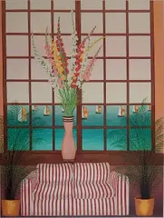 Fanch Ledan, - Bouquet By Window-, lithograph in colors