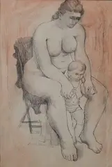 August Mosca, - Mother and Child-, graphite and watercolor on paper, 1972