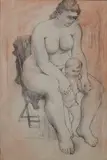 August Mosca, - Mother and Child-, graphite and watercolor on paper, 1972