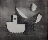 Paul Reska, - ''Still Boats and Moon''- soft ground, etching, 2001