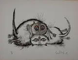 Ronald Searle, - ''Two Cats Quite Calmly Making Beasts of Themselves''-, lithograph in colors, 1967