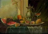 Johan Karoly Reinprecht, - Still-Life with Fruit and Watermelon-, oil on panel