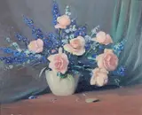 Robert A. Graham, - Roses in White Vase-, oil on canvasboard