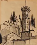 Robert Mac Donald Graham jr., - ''Firsola, Italy''-, pen and ink on paper, 1956, annotated 'to Dick and Liz from Bob Nov. 56' in pen