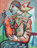 Josef Presser, - ''Clown with Fish''-, gouache on paper
