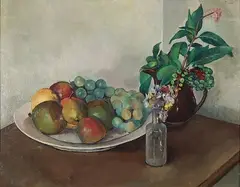 Tosca Olinsky, - ''Fruit, Bottles and Pitcher''-, oil on masonite
