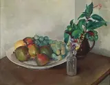 Tosca Olinsky, - ''Fruit, Bottles and Pitcher''-, oil on masonite