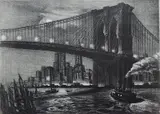 Richard Bergere, - ''Twilight Over Brooklyn Bridge'' (AAA/Czestochowski 1946.008)-, lithograph, 1935