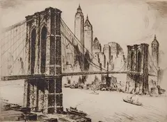 Nat Lowell, - ''Brooklyn Bridge''-, etching