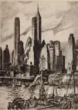 William C. Mcnulty, - ''Fulton Market Docks''-, etching