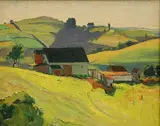 George G. Adomeit, - Landscape with Farm-, oil on masonite