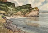 Marc Moon, - Town by Water- varnished, watercolor on illustration board