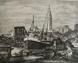 Kálmán Kubinyi, - A Cleveland Skyline-, lithograph