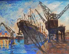 Rubi Roth, - Dock Scene-, oil on canvasboard