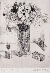 Svetlin Rusev, Still Life with Flowers, 1974, dry point