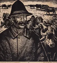 Evtim Tomov, Buffalos, 1967, linocut