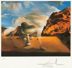 Salvador Dalí, Appearance of a face and a cup with fruits on the beach, chromolithography