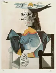 Pablo Picasso, Seated wife with a hat in the shape of a fish, chromolithography