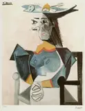 Pablo Picasso, Seated wife with a hat in the shape of a fish, chromolithography