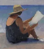 Marisa Mori, La lettura sulla spiaggia, dipinto sul verso: "Maschera". Autentica di Franco Mori on foto.
