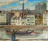 Aldo Nava, Veduta di Parigi lungo la Senna, oil on cardboard