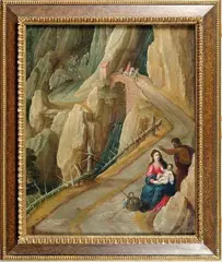 Tobias Verhaecht, Il riposo durante la fuga in Egitto, 1618, siglato e datato in basso a destra; cornice in legno dipinto e dorato.Provenienza: Frascione