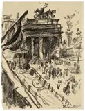 Lovis Corinth, Brandenburger Tor, 1920, Schwarze lithographische Kreide auf Papier(Prägestempel: Hand mit Axt und die Initialen G. H.)