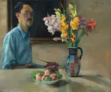 Conrad Felixmüller, Selbst, Blumen malend (Stilleben mit dem Maler selbst)